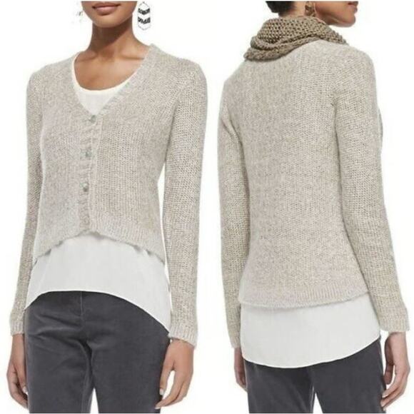 Eileen Fisher Women's V-Neck Maple Oat Cropped Cardigan Sweater Metallic Mohair - Picture 3 of 9